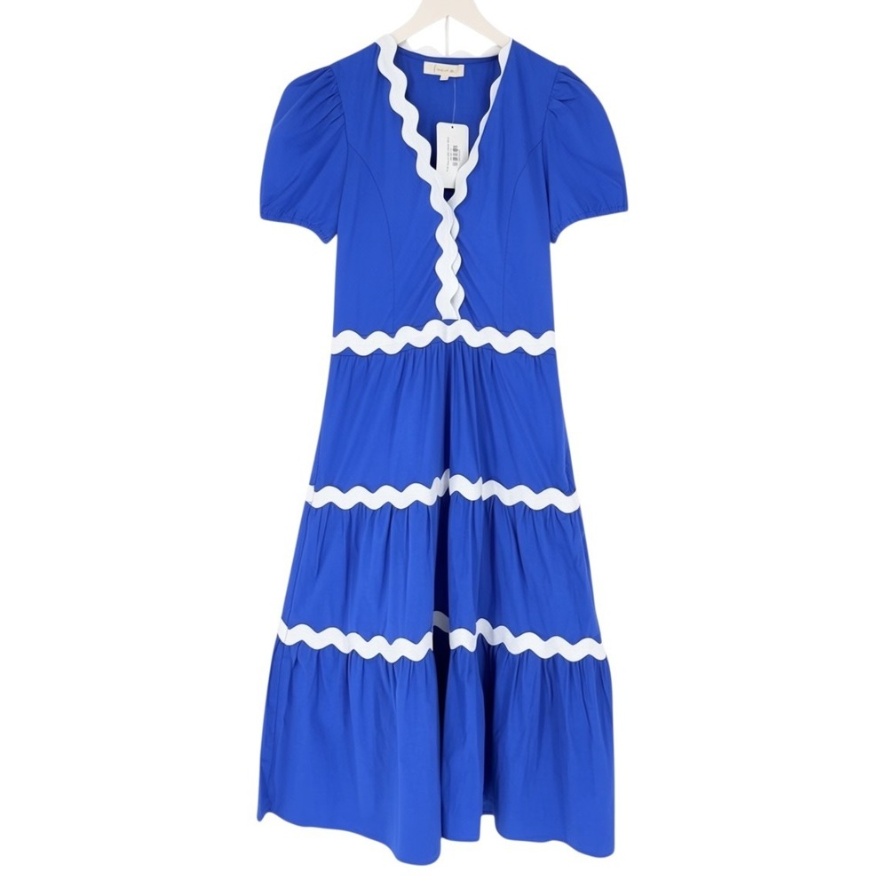 NEW Franco Boutique Blue Ric Rac Puff Sleeve Midi Dress Size Medium
